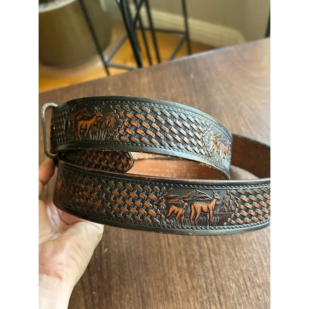 Vintage belt 42 hand tooled Western deer mountains brass buckle basket-weave